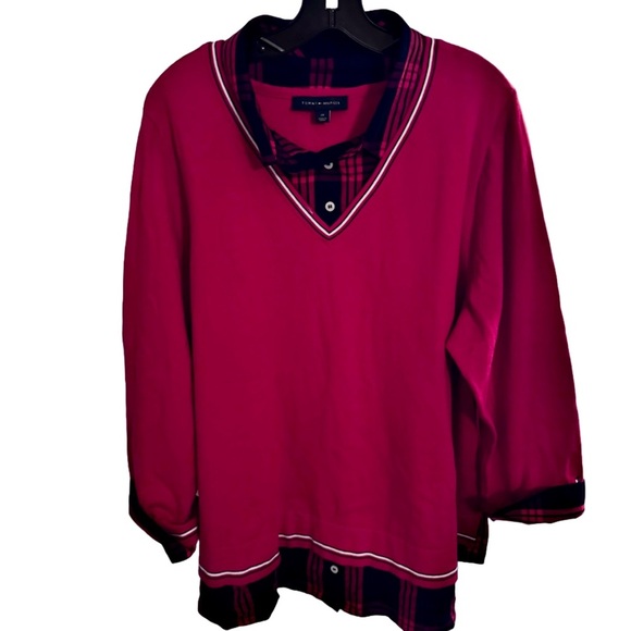 Tommy Hilfiger Women’s Plus Size 2X Layered Sweater Blouse Red Black NEW - Picture 1 of 14